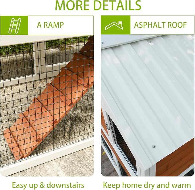 Wooden Rabbit Hutch with Matching PVC Material, Protected from Wind, rain and Snow, Rabbit House with ramped Stairs, Lockable Door, Ball Windows and Breathable mesh Door with Removable Tray.（84965）