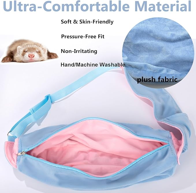 Ferret Sling Carrier, Small Pet Bag with Adjustable Strap, Cozy Bunny Carrying Travel Cuddler, Hands-Free Bonding Pouch Front for Guinea Pig Puppy Kitten, Small Animal Accessories for Outside-Blue
