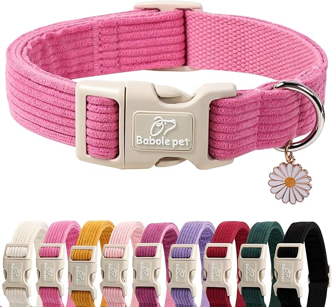 Cute Corduroy Dog Collar - Deep Rose Adjustable Dog Collars for X-Large Dogs 80+lbs, Fade-Proof with Secure Snap & Little Charm, Christmas Birthday Gift, XL