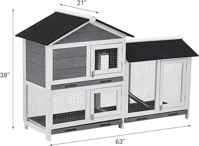 63 in Bunny Hutch Indoor Bunny Cage, with 3 Leak-Proof Removable Trays, Wooden Waterproof Roof Rabbit Hutch Indoor/Outdoor, 2-Tier Bunny House/Chicken Coop, Gray and Black