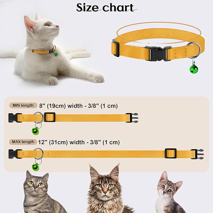 Breakaway Cat Collar with Bell - Leather Adjustable Kitten Collars with Safety Quick Release Buckle - Soft Small Pet Collars for Girl & Boy Cats (Yellow)