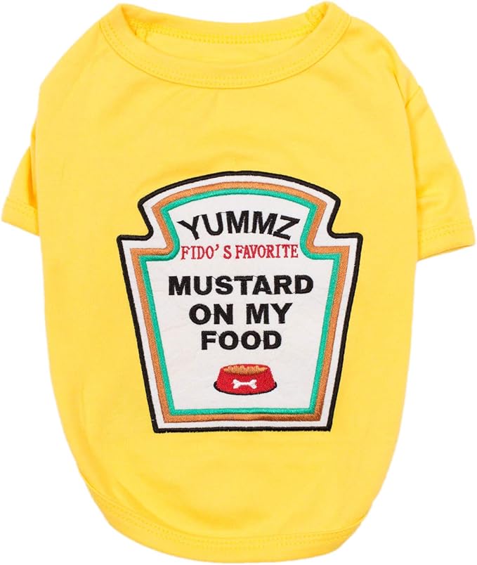 Parisian Pet Dog Shirt - Embroidered “Mustard on My Food“ - 100% Cotton and Polyester Dog Clothes - Sleeved, Lightweight Costume for Dogs - Yellow Dog Shirts for Small Dogs - Pet Costumes - S