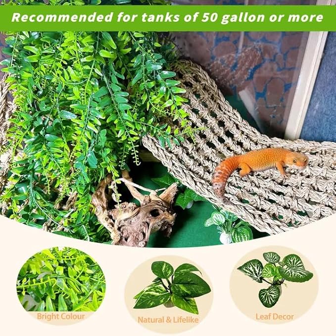 Tfwadmx 2Pcs Bearded Dragon Hammock Lizard Lounger Natural Seagrass Fiber Reptile Habitat Decor with Vine Plant for Hermit Crabs Geckos Snakes