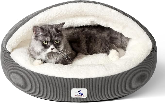 Covered Cat Bed Cave for Small Cats Dogs Washable Hooded Self Warming Cat Bed 23 inches Anti-Slip Round Fluffy Kitten Puppy Bed Noiseless Security Cat Cave Bed with Removable Cushion, Gray
