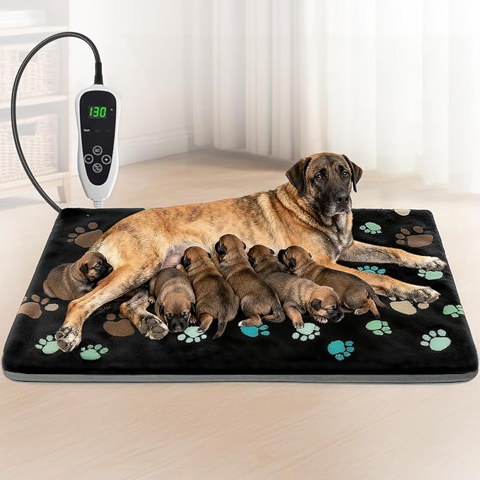 Extra Large Dog Heating Pad 47x30 in with Smart Thermostat Switch and Power Line Protection Tube,Obtained MET and UL Dual Certification,Waterproof Pet Heating Pad for Dogs-Black