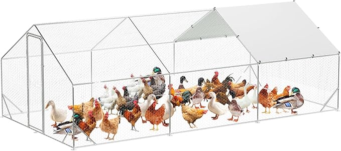Large Metal Chicken Coop Run,Outdoor Walk-in Cage Peak Hen House with Waterproof and Anti-Uv Cover,Spire Roof Hen House with Security Lock for Outdoor,Backyard and Farm, 9.8 x 19.7 x 6.6 Ft
