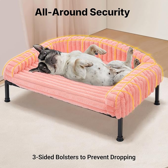 Veehoo Elevated Dog Bed with Bolster Cushion, Fluffy Plush Dog Couch Beds for Small Dogs, Cats, Washable Raised Pet Cot with Non-Slip Feet for Indoor or Patios Use, 36 x 28 Inches, Pink