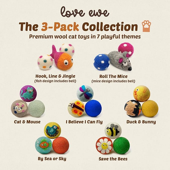 Hustle & Blush Love Ewe Felted Cat Toys 3 Pack - 2 Inch Duck & Bunny Hand Made Cute & Fun Design Kitten Wool Felt Balls for Indoor Play & Exercise - 100% New Zealand Handmade - Holiday Pet
