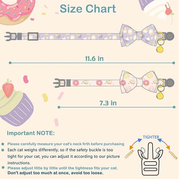 Faygarsle 2 Pack Cute Breakaway Cat Collar With Bell and Bowtie for Male Female Cats - Soft Fancy Pink Purple With Ice Cream Doughnuts Pattern - Summer Collar for Boy Girl Cats