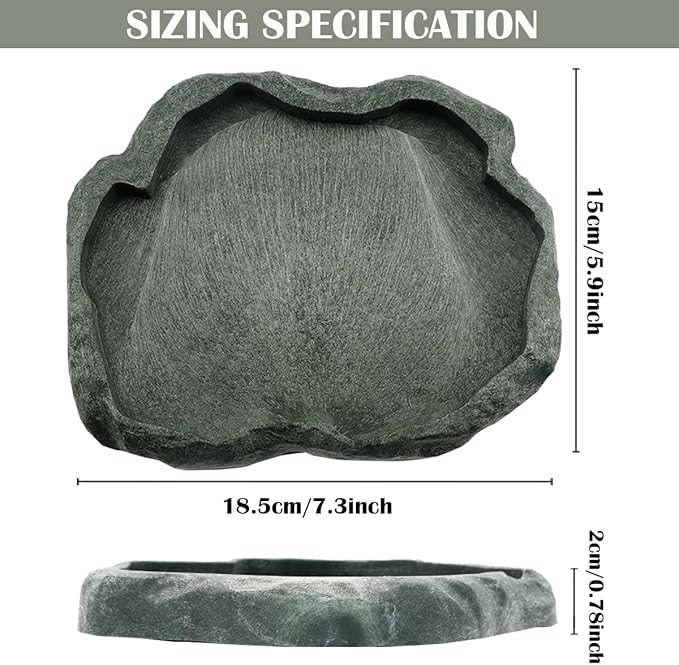 Reptile Water Dish Bowl Resin Rock Reptile Food and Water Feeder Pet Aquarium Ornament Terrarium Plate for Tortoise Lizard (Drak Green Large)