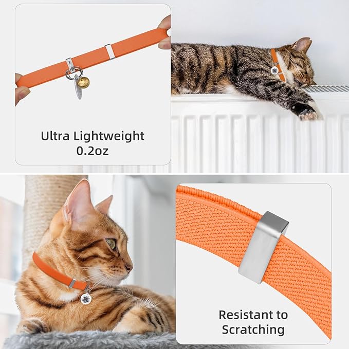Cat Collar with Bell, Stretch Elastic Quick Release, Modifiable Pet Online Profile Page, Multiple Emergency Contact, Non Breakaway Lightweight Kitten Collar for Girl Cats, Pet Supplies, Gifts (Orange)