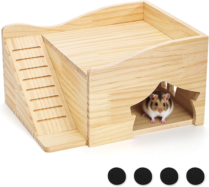 Guinea Pig Wood House, 11.8 x 9.4 x 6.7 Inch Hamster Hideout Castle with Stairs and Window, Small Animals Bed Hut Habitats, Ideal for Chinchillas Dwarf Mice Gerbils Playing Hiding