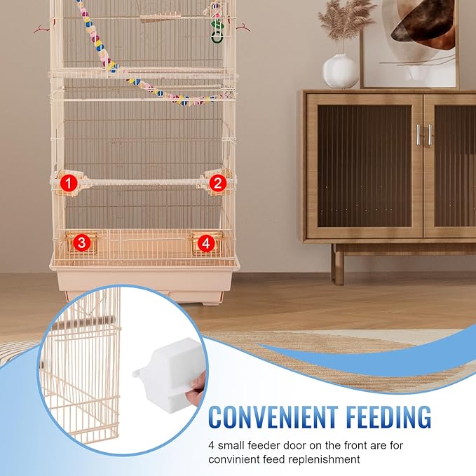 FDW 39 Inch Bird Cage Parakeet Cage with Play Top Rolling Stand & Easy Clean Pull-Out Tray Roof Top Parrot Cage for for Finches Canaries Parakeets Cockatiels & Other Small Birds, Almond