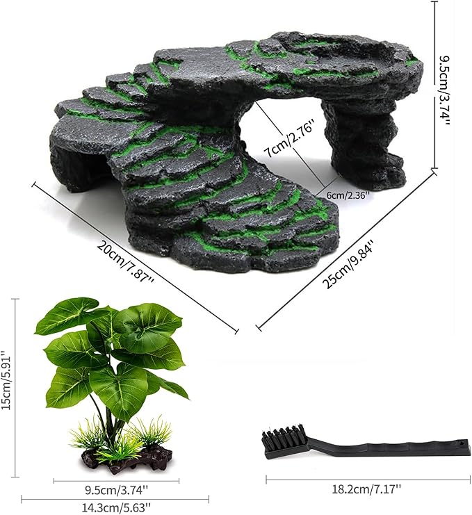 Turtle Basking Platform Kit, Reptile Habitat Hideout, Decorative Resin for Aquarium & Terrarium, Including Artificial Plant and Cleaning Brush. (B-Medium-Black)