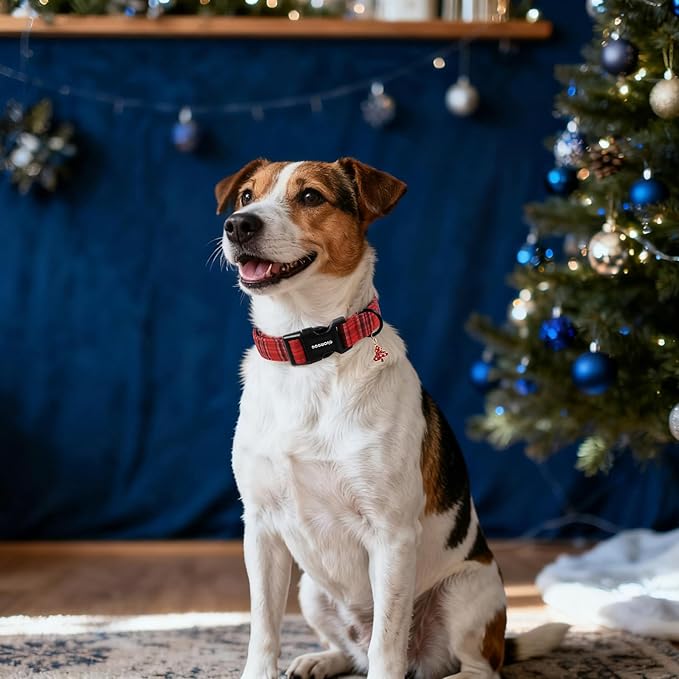 DOGWONG Christmas Plaid Dog Collar, Cute Adjustable Red Tartan Collar, Red Grid Dog Collar with Strong Plastic Buckle for Small Medium Large Dogs,L