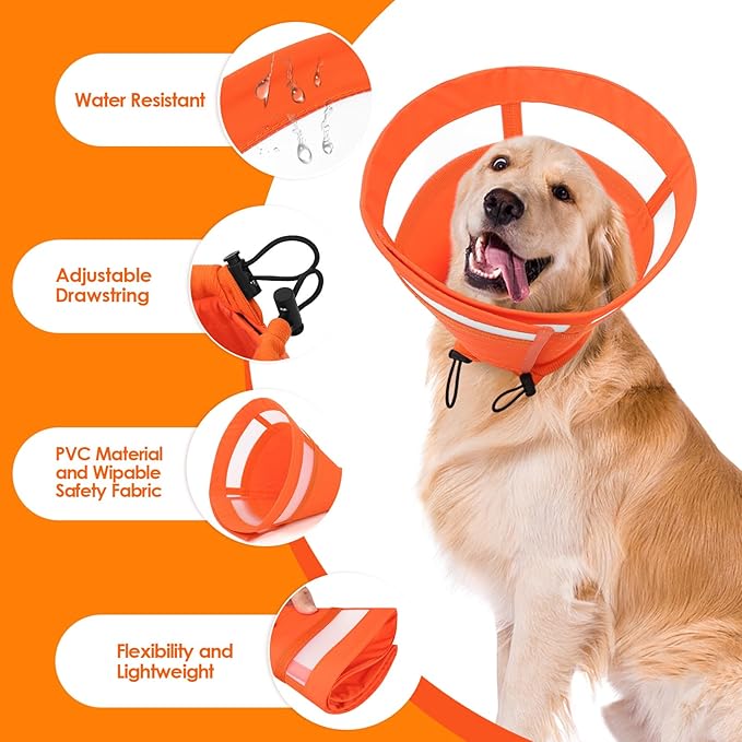 SAWMONG Soft Dog Cone Collar, Dog Cones for Large Dogs, Cone for Dogs to Stop Licking, E-Collar for Doggy After Surgery Adjustable, Comfy Elizabeth Pet Recovery Collar (L,Orange)