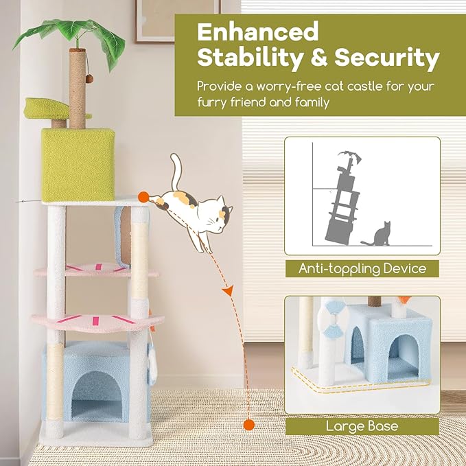 Tangkula 71 Inch Tall Cat Tree, Multi-Level Aesthetic Beach-Themed Cat Tower with Sisal & Jute Scratching Posts, 2 Cat Condos, Perch, Artificial Plant, Hanging Toys, Indoor Cat Activity Center