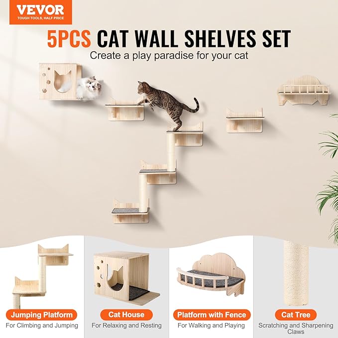 VEVOR Wall Mounted Cat Shelves and Perches with Jumping Boards, Nest, Barrier Board & Tree, Floating Furniture up to 40 lbs for Sleeping, Playing, Climbing, Set of 5
