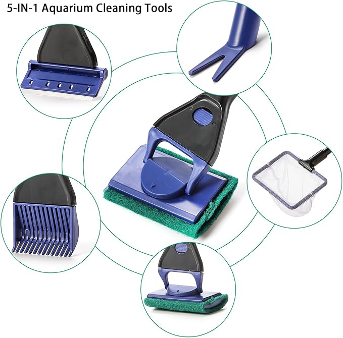 TOPZEA Aquarium Cleaning Tool Kit, 5 in 1 Fish Tank Cleaner Tools Set Including Algae Scraper, Fish Net, Cleaning Sponge, Plant Fork, Gravel Rake, with 19 Inch Long Handle