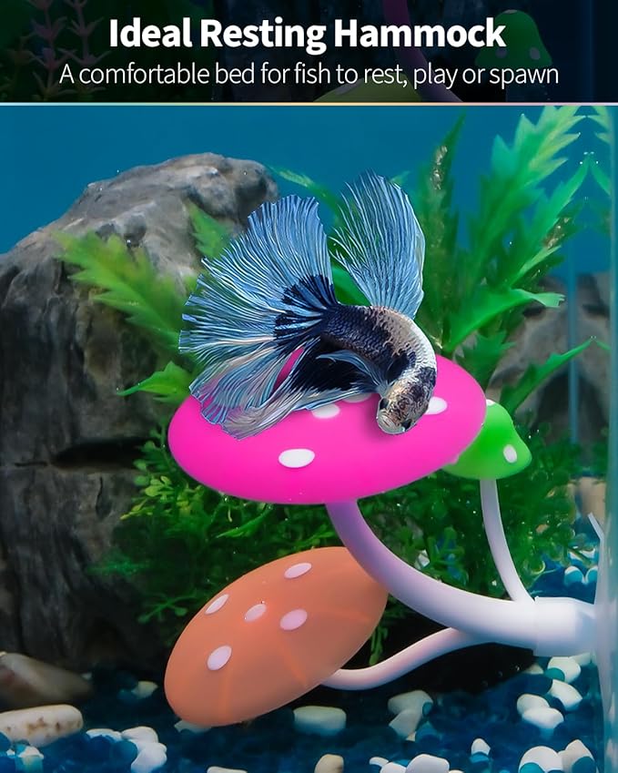 Uniclife Betta Mushroom Hammock Soft Aquarium Rest Bed Fish Breeding Playing Pad with Suction Cup Silicone Ornament Decoration Colorful Lifelike Decor for Fish Tank Landscape, 2 Pack