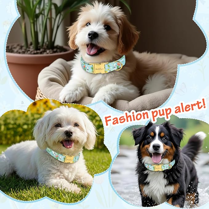 Easter Dog Collar for Small Dogs, Easter & Spring Theme Small Dog Collar with Cute White Bunny Pattern, Adjustable Blue Easter Dog Collars Girl Boy Collar for Dogs -S