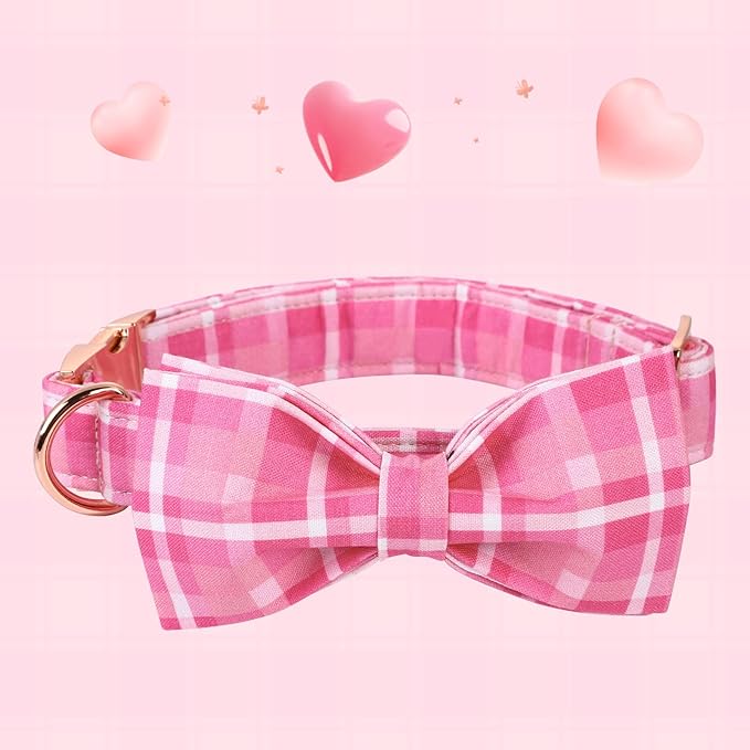 Lionheart glory Pink Plaid Dog Collar, Adjustable Dog Collar with Bowtie, Pet Gift Girl Collar for Dog Soft Bowtie Dog Collars for Medium Dogs