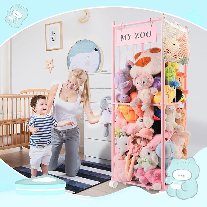 Stuffed Animal Storage Zoo with Wheels, Wooden Stuffed Animal Organizer with Elastic Cords, Space Saving Toy Plushies Storage Holder for Playroom, Bedroom, Living Room(Pink, Large)