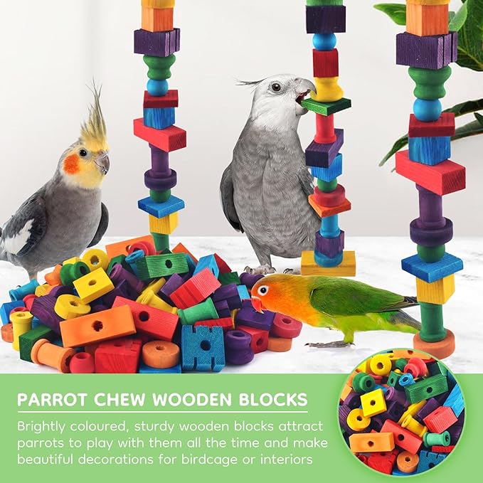 Bird Toys for Parrots, 200 Pcs Colorful Multi-Shaped DIY Wooden Blocks Craft, Natural Parrot Chew Training Foot Toy for Amazon African Grey Cockatiels Conure Monk Parakeet