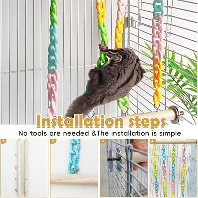 PINVNBY 2 Pack Sugar Glider Climbing Toys,Natural Wood Sugar Glider Cage Accessories with Colorful Plastic Chains, Hanging Rat Enrichment Toys Without Swaying for Hamsters and Parrots