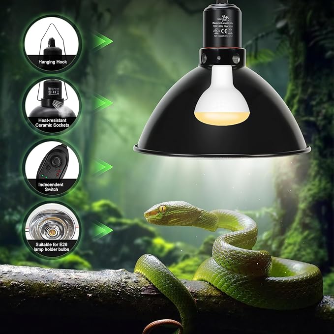 Reptile Light Fixture with Dimming Switch and Timer, 8.5 Inch Deep Dome Reptile Heat Lamp Fixture, Reptile Lamp Fixture Cap for UVB Bulb Basking Heat Bulb for Reptile Glass Terrariums, 2PCS