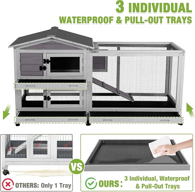 Gutinneen 2-Story Rabbit Hutch Indoor Large Bunny Cage with Chew-Proof Ramp - Wooden Rabbit Cage Outdoor with 6 Lockable Caster Wheels & Dual Pull-Out Trays for Rabbits, 62"L x 22.6"W x 33.5"H (Grey)