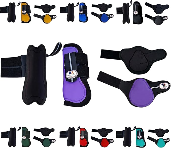 Majestic Ally Horse Leg Protection Fetlock and Tendon Boots Set, PU Shell, Neoprene Lining, Hook and Loop Closures, Multiple Colors and Sizes
