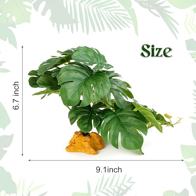 Reptile Plants for Terrarium, Ball Python Tank Accessories, Amphibian Habitat Decor Plant Bearded Dragon Tank Decorations for Gecko Lizard Chameleon Tortoise with Base - Fake Monstera