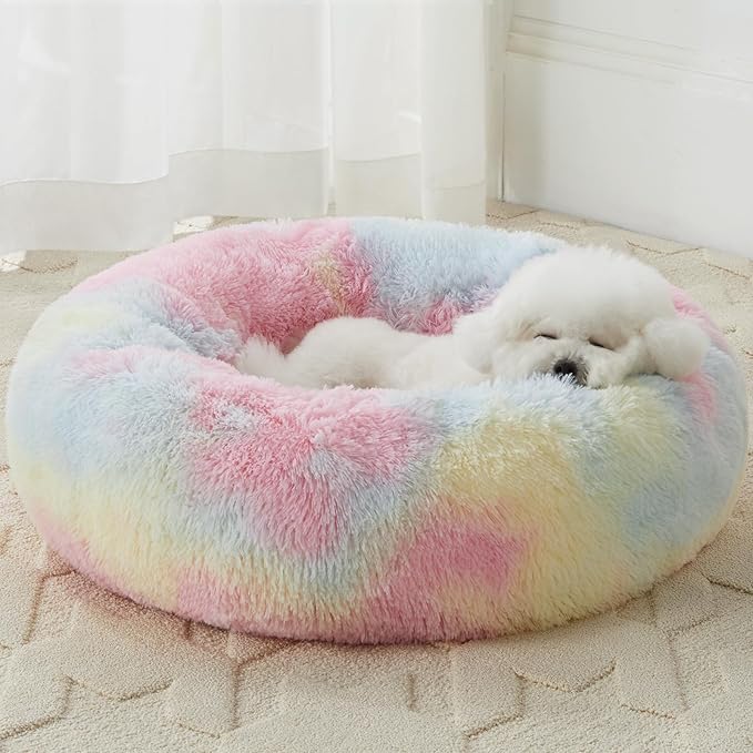 WNPETHOME Donut Dog Beds Large Sized Dog,Anti-Anxiety Caming Large Pet Bed,Fluffy Faux Fur Plush Puppy Bed，Warming Cozy Soft Round Bed for Pet, Cat Cuddler Cushion