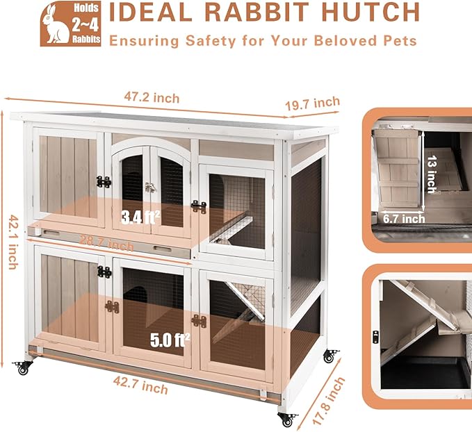 47"L Rabbit Hutch Indoor Wooden 2 Story Rabbit Large Bunny Hutch Outdoor Bunny Cage on 4 Metal Wheels and 2 Deeper Pull Out Trays, Ramp,Guinea Pig Pet House for Small to Medium Animals,Grey