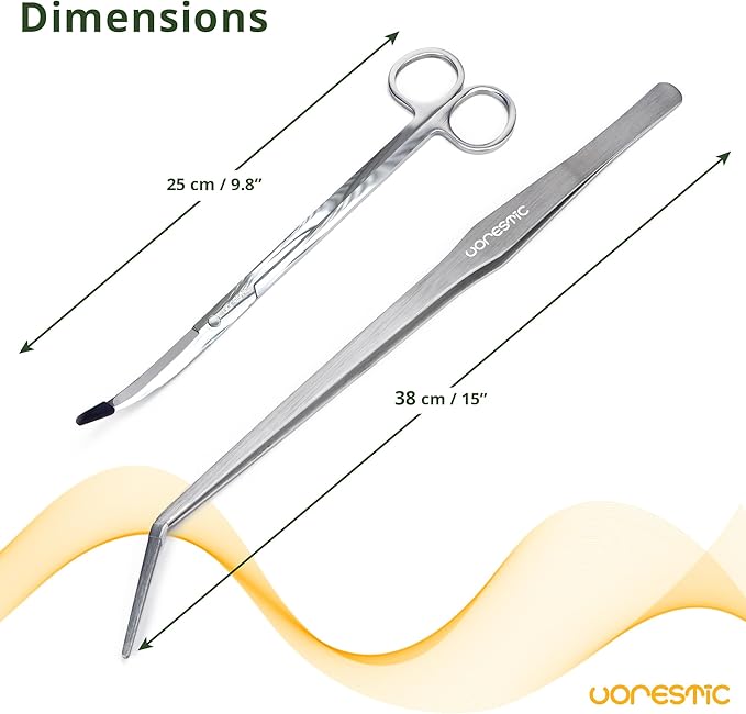 VORESTIC 2PCS 15" Curved Aquarium Tweezers Long and 9.8" Aquarium Scissors, Feeding Tongs and Scissors with Protective Cap, Stainless Steel Aquascaping Tools for Plant Trimming and Reptile Feeding