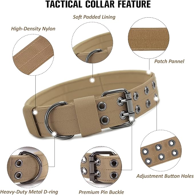 Tactical Dog Collar with Handle, Military Adjustable Heavy Duty Metal Buckle Dog Collars Soft Nylon Training Collar for Medium Large Dogs (Brown, Large)