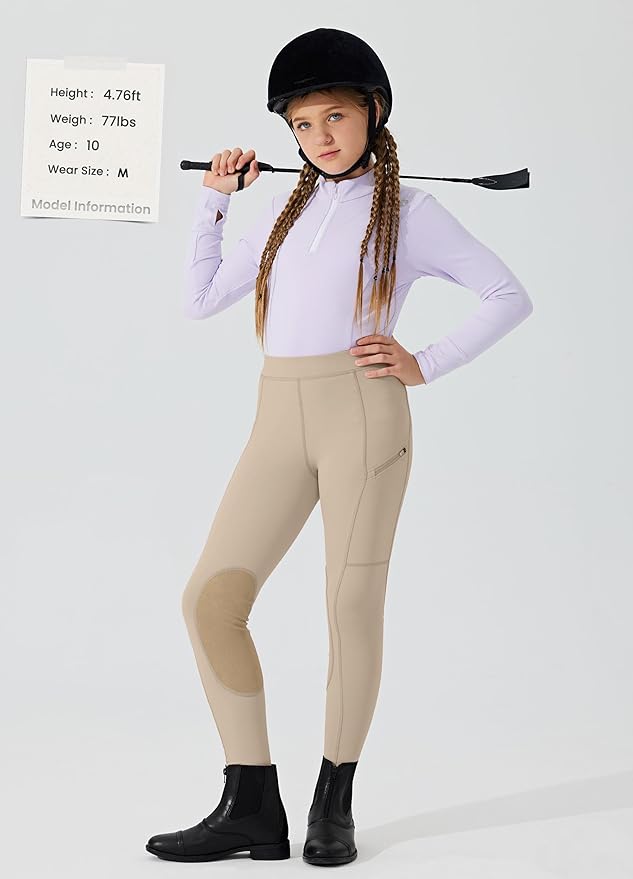 Willit Girls Horse Riding Pants Tights Kids Equestrian Breeches Knee-Patch Youth Schooling Tights Zipper Pockets