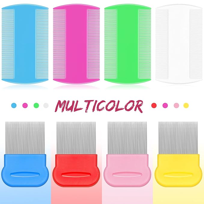 Maitys 8 Pieces Flea Lice Combs Double Sided Lice and Nit Removal Hair Grooming Plastic and Metal Comb for Humans Pets(4 x 2 Inch, 2.24 x 2.24 Inch,Pink, Light Blue, Blue, White, Green, Red, Yellow)