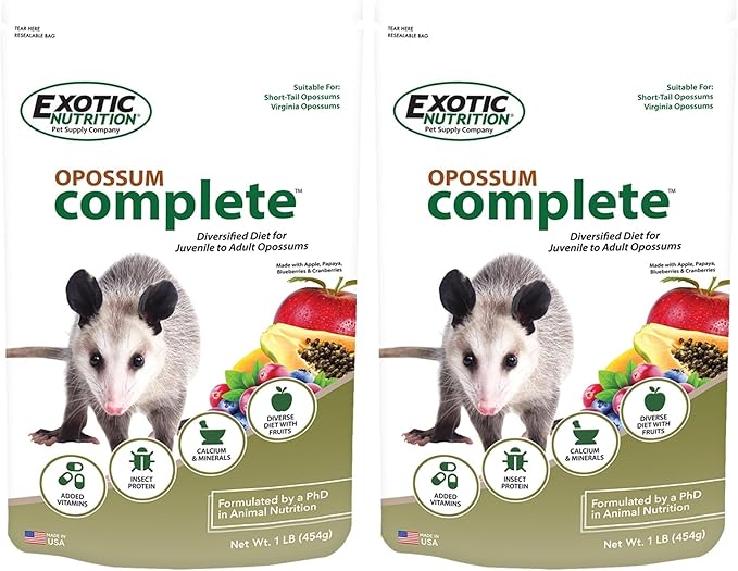 Exotic Nutrition Opossum Complete - Nutritionally Complete Healthy Pellet Diet - Food for Short-Tailed & Virginia Opossums (1 lb.) (Pack of 2)