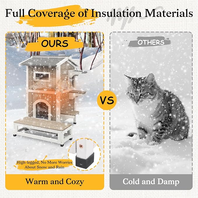 PetsCosset Insulated Outdoor Cat House Weatherproof, 2-Story Feral Cats Shelter Clawsable Cat House with Insulated Cat Scratching Cloth, Openable Asphalt Roof, Balcony, 4 Door, 2 Platforms