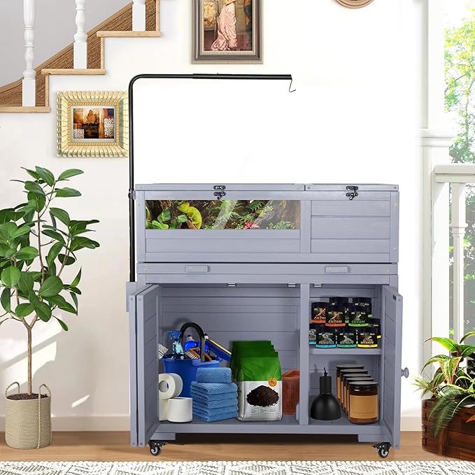 Premium Reptile Habitat Enclosure for Tortoises, Lizards, and Snakes - Adjustable Lighting, 360° Wheels, Easy-Clean Design, and Secure Ventilation-（Light Gray