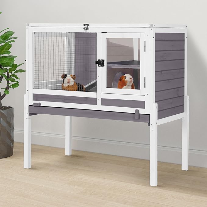 Indoor Rabbit Hutch Guinea Pig Cages 2-Story Wooden Small Animal Cage Bunny House with Chew-Proof Aluminum Alloy Frame, Pull-Out Tray, Leakproof PVC Layer, Detachable Legs (Grey)