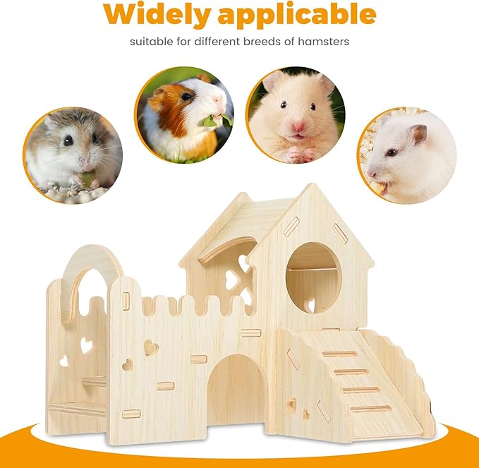 Wooden Dwarf Hamster House, Hamster Tiny House Hideout, Hamster Maze House, Large Balcony Lookout Holes, Easy to Assemble, Detachable Parts, Secure Hideaway, E
