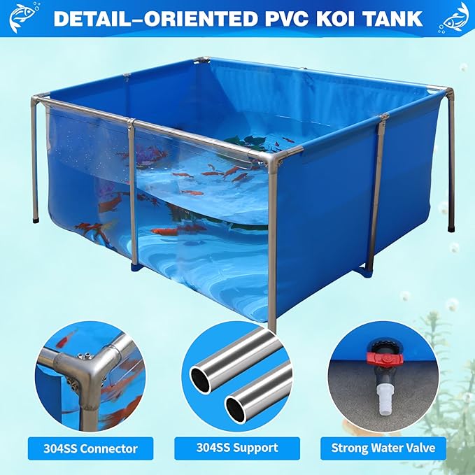 PVC KOI Aquarium Tank, Temporary Fish Tank with Clear Viewing Panel, KOI/Goldfish Pond with 304SS Frame & Drain Valve(47.3" L*31.5" W*23.6" H, About 135Gal Water Capacity)