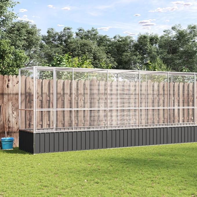 Large Metal Heavy Duty Walk-in Aviary Cage with Extension, Ample Activity Space Bird Cage with Lockable Door Also for Chickens and Rabbits, Silver 328.5"x42.1"x83.5" Steel,-516