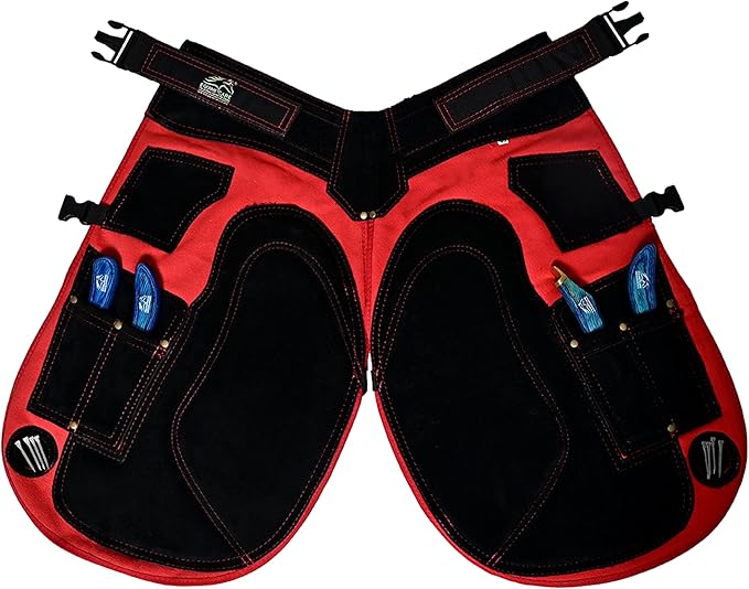 Equine Care Farrier Apron Chaps 2mm Cowhide Leather, 500 GSM Canvas, Air-Mesh, 23" Length, Adjustable Waist (28"-52"), Ergonomic Foam-Padded Thigh & Back Support, 4 Knife Pockets, 2 Nail Magnets.