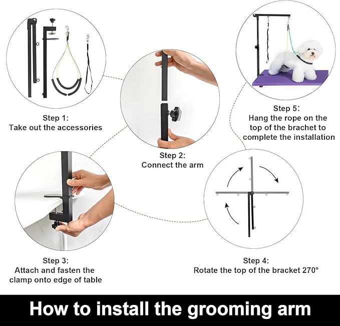 Adjustable Dog Grooming Arm with Clamp,2 No Sit Haunch Holder&Loop Noose,Adjustable Height,Foldable Dog Grooming Table Arm for Small Dogs&Puppies,Arm for Grooming Tables,Pet Grooming Stand
