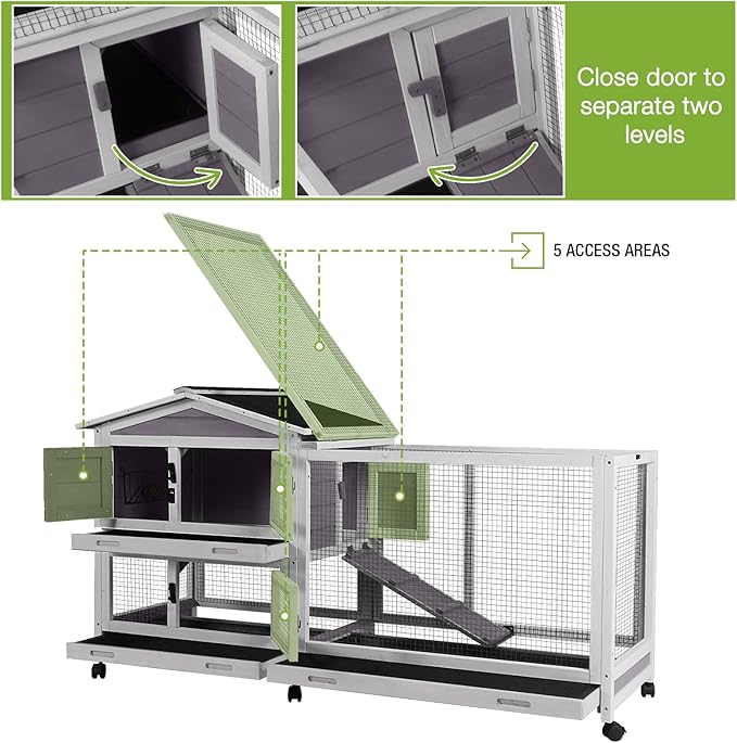 Gutinneen 2-Story Rabbit Hutch Indoor Large Bunny Cage with Chew-Proof Ramp - Wooden Rabbit Cage Outdoor with 6 Lockable Caster Wheels & Dual Pull-Out Trays for Rabbits, 62"L x 22.6"W x 33.5"H (Grey)