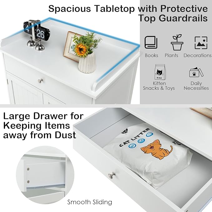 PETSITE Cat Litter Box Enclosure, Large Cat Washroom End Table with Drawer & 2 Doors, Wooden Cat House Storage Cabinet, Hidden Litter Box Furniture, White